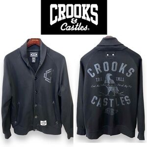 Crooks & Castles Collegiate Varsity Jacket, buttondown, pockets, Black, sz S/P